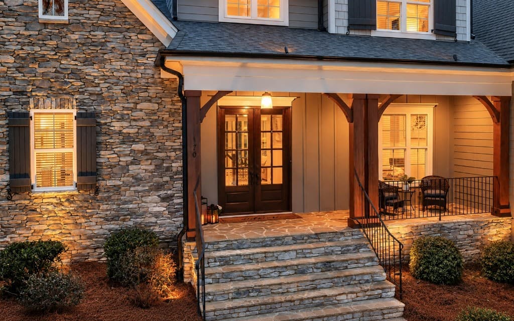 Home exterior with a stone facade, stone steps, and warmly lit covered porch.