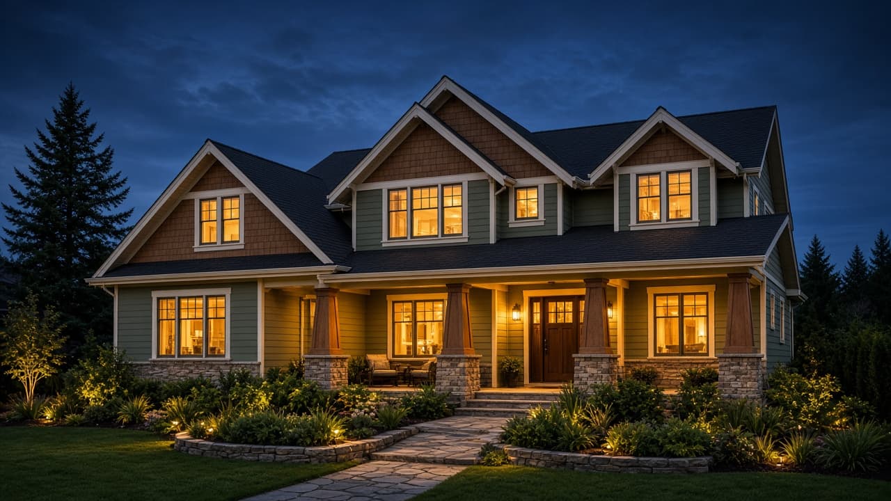 Upscale Northwest Craftsman home at dusk with gabled dark shingle roof, painted and shake siding, and warm interior lighting