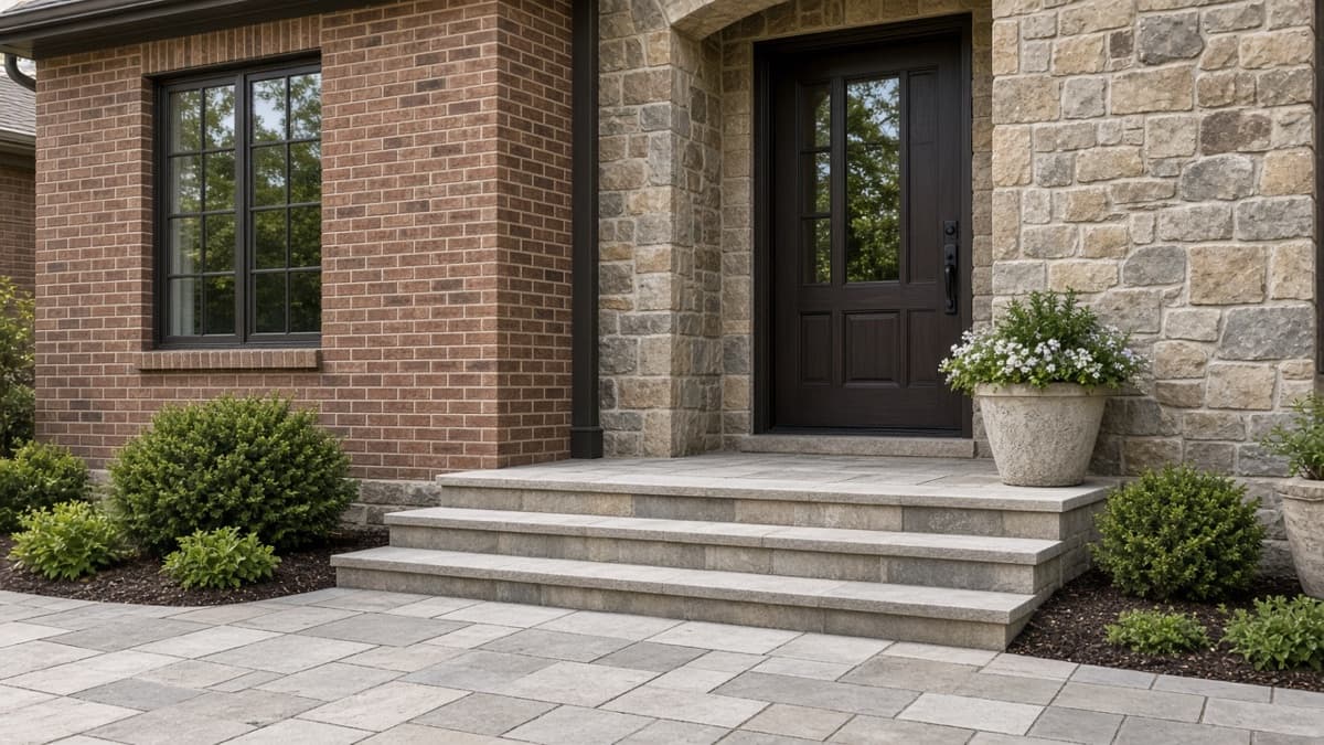 Brick and stone home entrance with stone paver steps