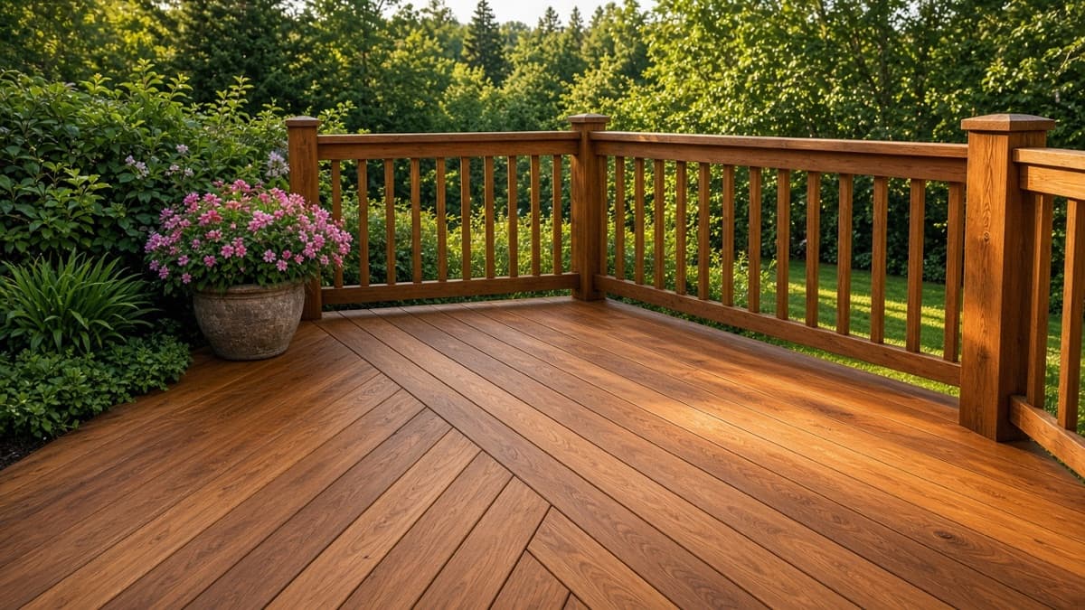 Stained wooden deck with railing beside a garden
