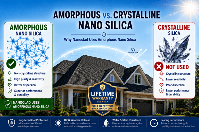 Nanoclad infographic comparing amorphous nano silica and crystalline silica with a protected asphalt shingle roof and lifetime warranty badge.