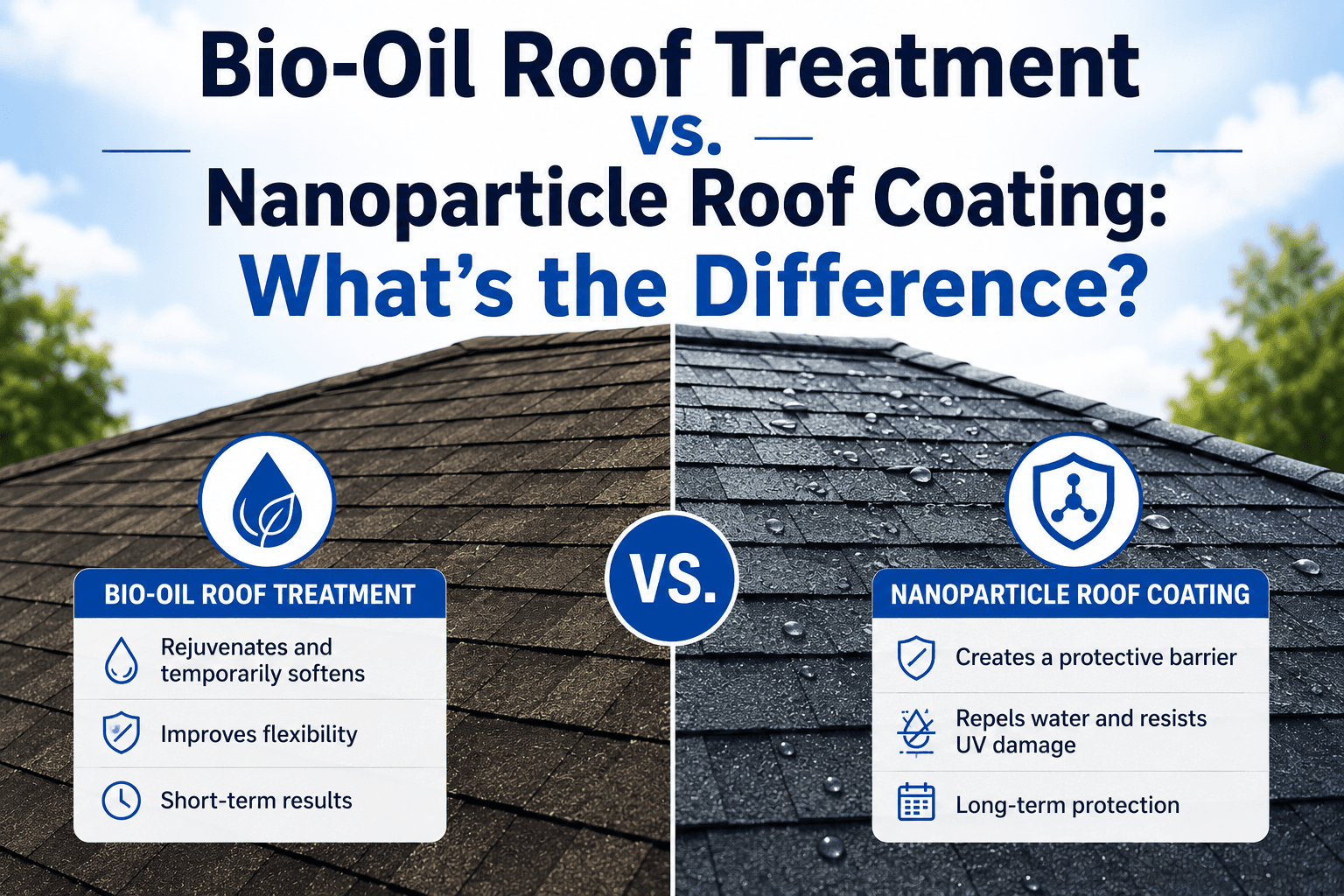 Comparison of bio-oil roof treatment and nanoparticle roof coating applied to asphalt shingles on a residential roof