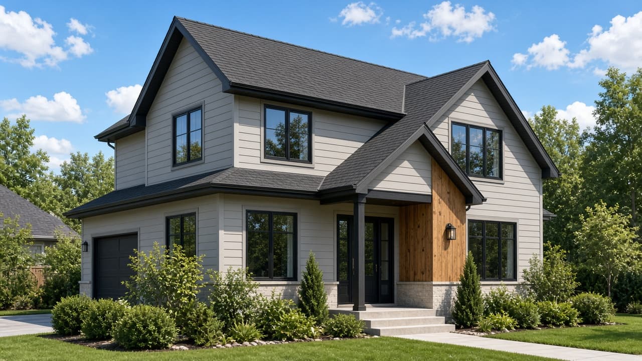 Modern two-story house with light gray siding and a dark shingle roof