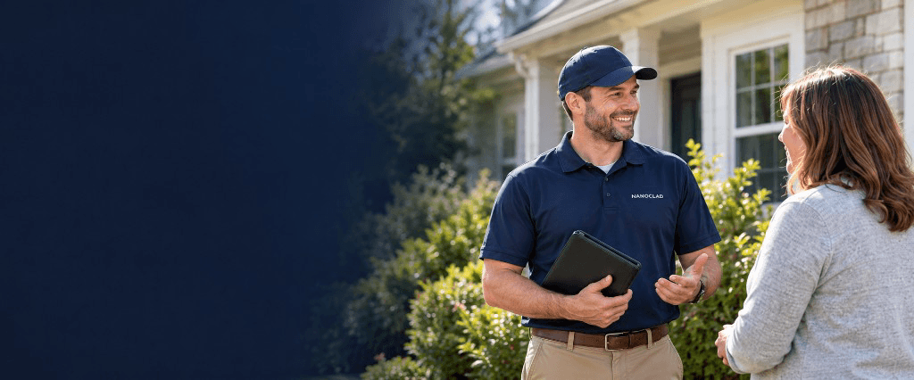 Exterior-service representative speaking with a homeowner outside a home
