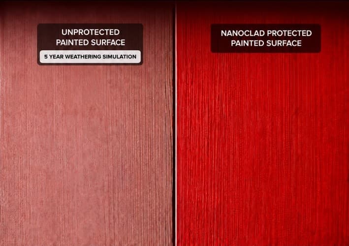 Unprotected painted surface after a 5 year weathering simulation beside a Nanoclad protected painted surface.