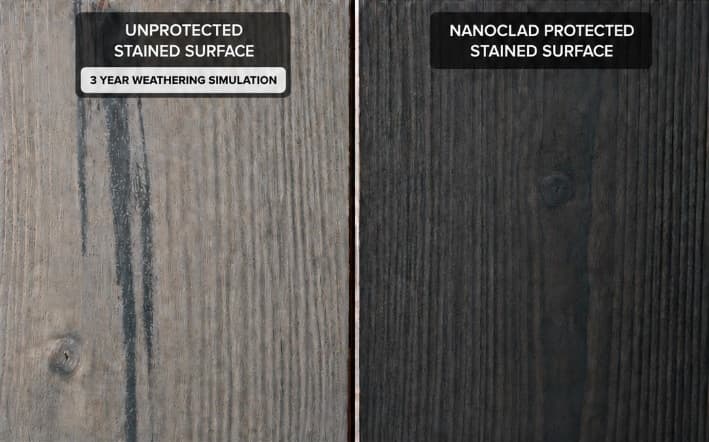 Unprotected stained surface after a 3 year weathering simulation beside a Nanoclad protected stained surface.