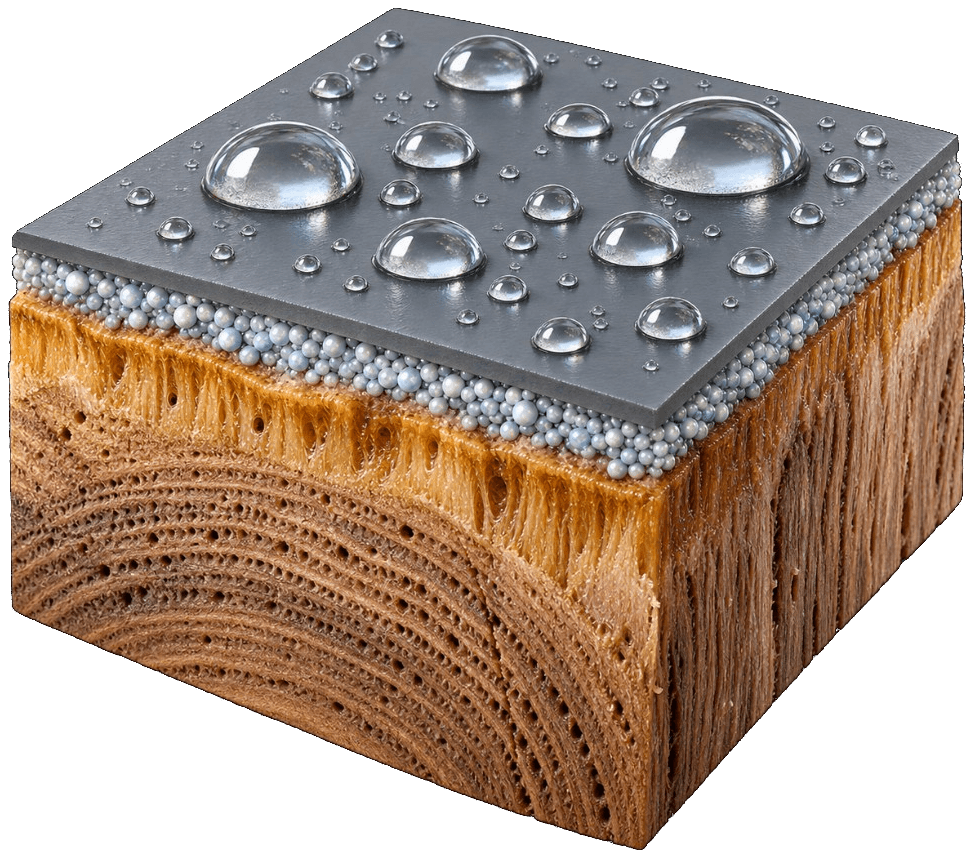 Cross-section of a surface with water beading above a nanoparticle layer and the protected substrate