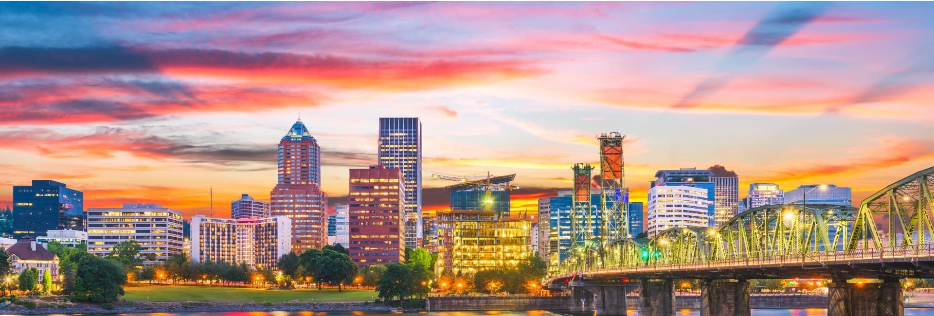 Portland skyline and bridge at sunset