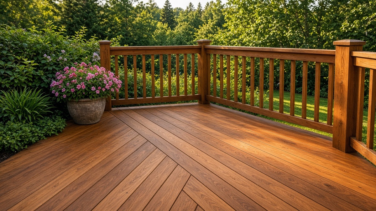 Stained wooden deck with railing beside a garden