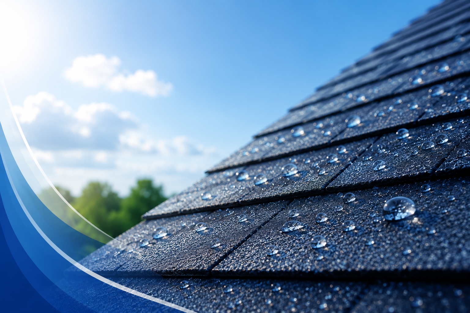 Close-up of dark asphalt roof shingles with water beading on the surface under a bright blue sky, illustrating hydrophobic roof protection and long-term weather resistance.
