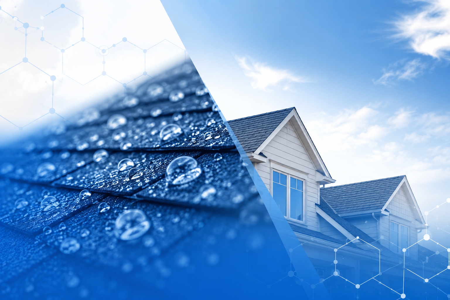 Close-up of water beading on dark asphalt roof shingles beside a modern home under a bright blue sky, with subtle molecular graphics representing nanotechnology and advanced roof protection.